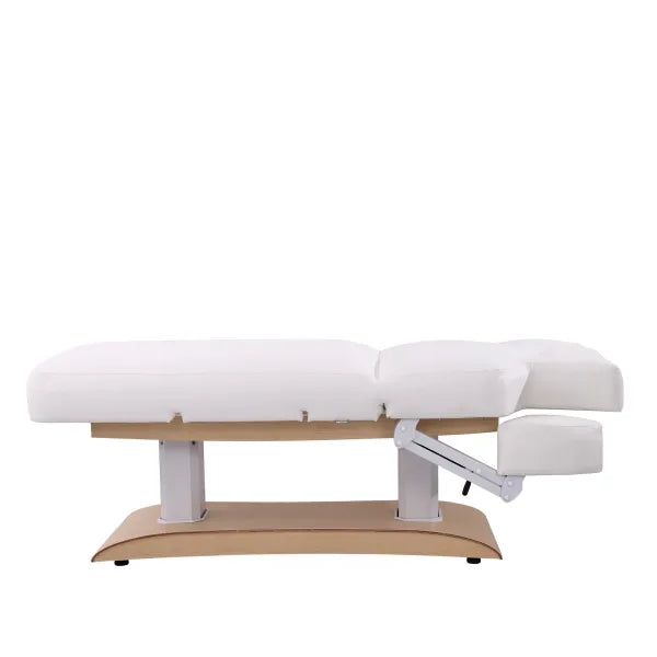 Elektrische Massageliege TROCH+ Spa-Liege: 4 Motoren, Heizung, Holzbasis, weißes Polster.