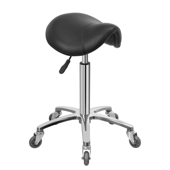 Sattelhocker ACTION: ergonomischer Friseur-Rollhocker, höhenverstellbar, stabil, schwarzes Satteldesign auf Chrombasis.