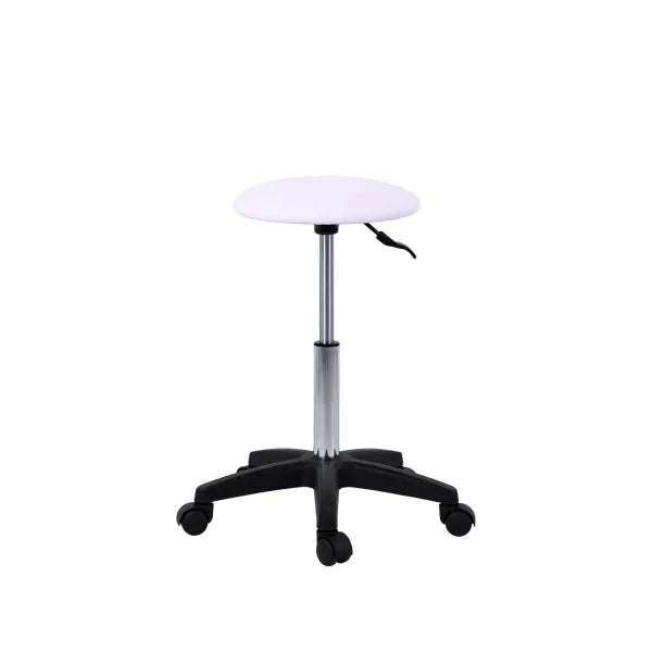 Pedi cosmetic rolling stool: height-adjustable ergonomic work stool with chrome column and five-star wheeled base.
