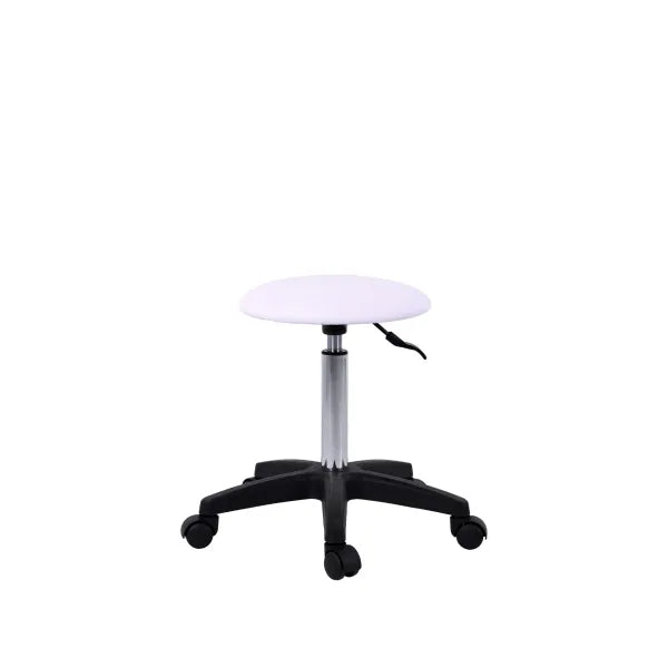 Pedi cosmetic rolling stool with white round seat, height-adjustable ergonomic chair on a black wheeled base