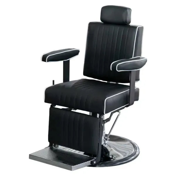 Schwarzer Barberstuhl CADEN, hydraulisch, drehbar, mit weißen Paspeln, Armlehnen und Fußstütze