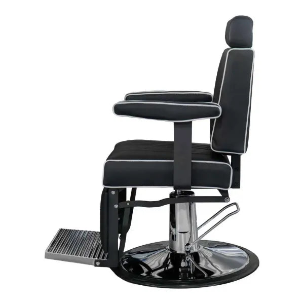 Schwarzer Barberstuhl CADEN mit hydraulischem Drehsitz, 180°-Liegefunktion, Fußpedal