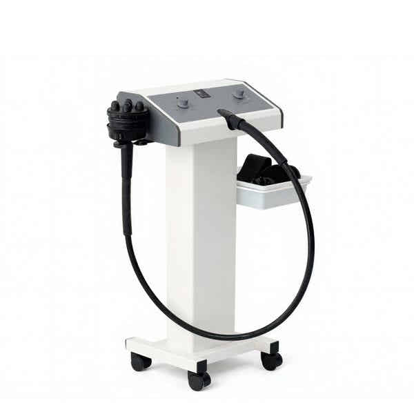 Profi Vibrationsmassagegerät F833.N mit 5 Köpfen, Bedienfeld und Kabel auf Stativ mit Rollen
