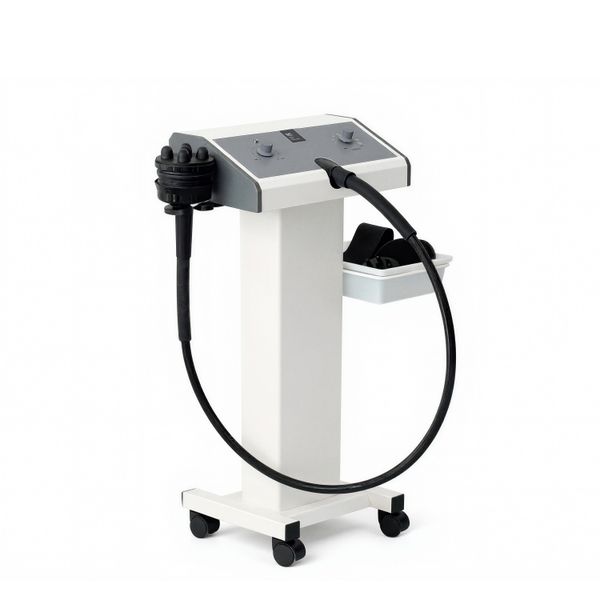 Profi Vibrationsmassagegerät F833.N mit 5 Köpfen, Bedienfeld und Kabel auf Stativ mit Rollen