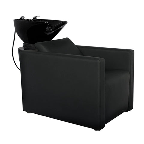 Friseurwaschbecken Peek Black mit Kippwaschbecken, ergonomisches Design, hoher Sitzkomfort für Friseursalons.