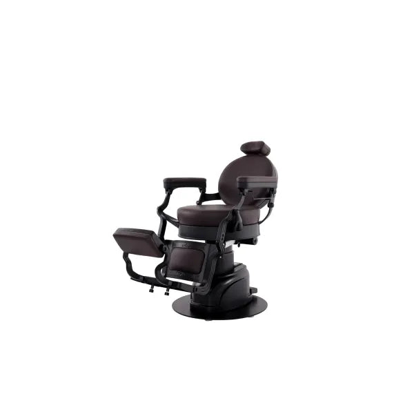 Volt Braun barber chair with electric height adjustment, electric footrest, foldable arms in brown leather.