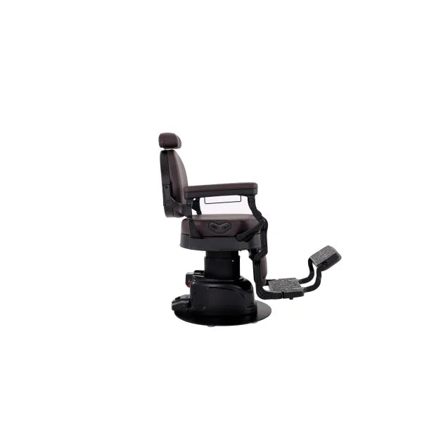 Brown electric height-adjustable barber chair with footrest for professional barbershops