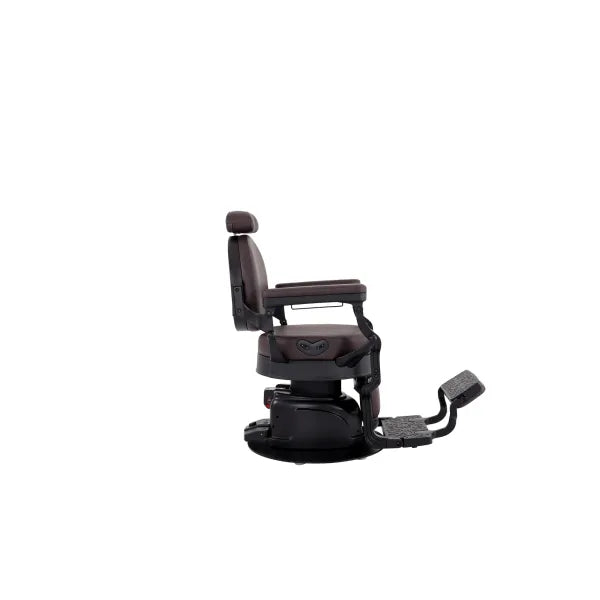 Volt Braun barber chair with electric height adjustment, foldable footrest, premium comfort for busy barbershops.