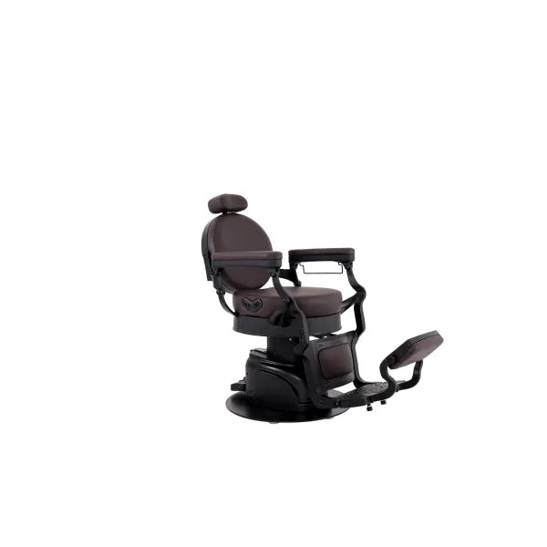 VOLT brown barber chair with electric height adjustment, footrest, and foldable design for professional barbershops.