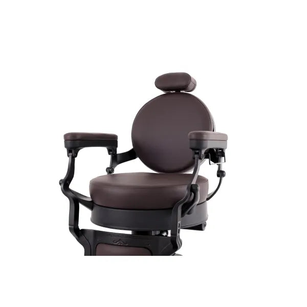 Barber chair VOLT Braun with electric height adjustment and foldable footrest, premium comfort for busy barbershops.