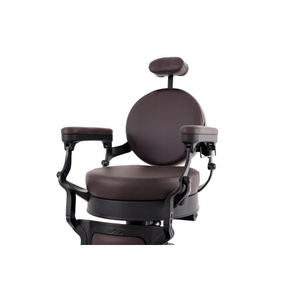 VOLT Braun barber chair: electric height-adjustable with footrest, foldable, premium comfort for barbershops.