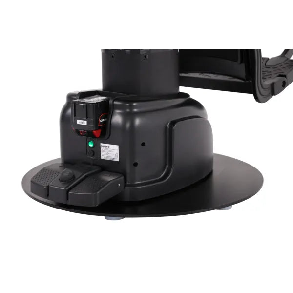 Barber chair VOLT Braun: electric height-adjustable with footrest, foldable for premium comfort in busy barbershops.