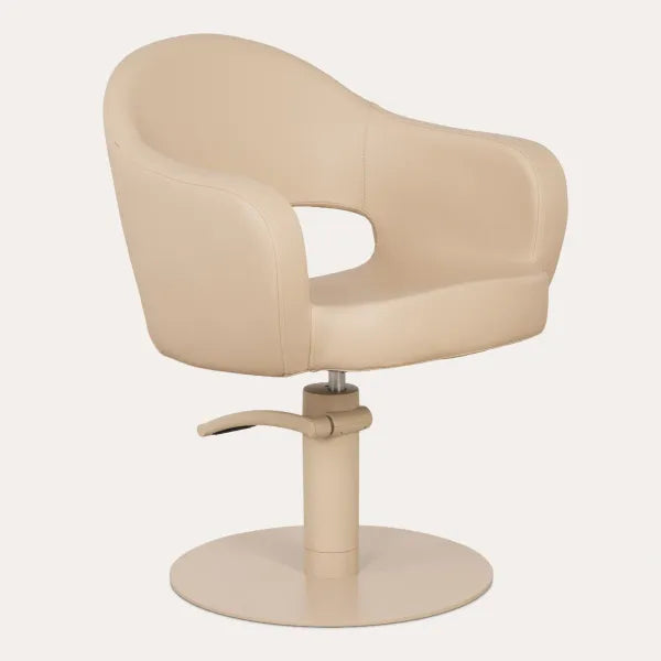 Beiger Friseurstuhl LIRA mit Hydraulik, ergonomischer Sitzkomfort und stabiler Basis.