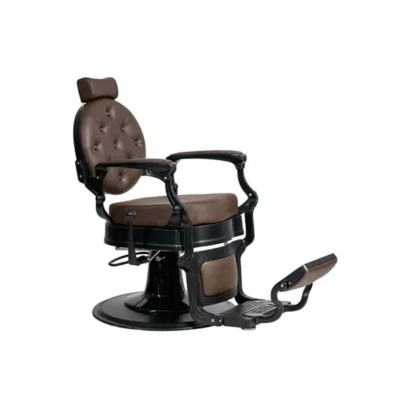 MAE Barberstuhl in Braun mit gepolsterter Rückenlehne, Armlehnen und Fußstütze – Teil des Premium-Barbershop-Sets