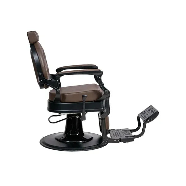 MAE Barberstuhl mit brauner Polsterung, Armlehnen, Pedal und runder Sockel – Friseur-Stuhl