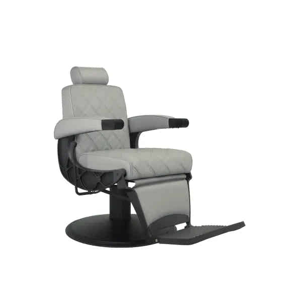 HAWK gray hydraulic barber chair with vintage quilted upholstery, headrest, and footrest.