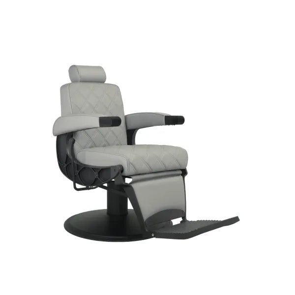 HAWK gray hydraulic barber chair with vintage quilted upholstery, headrest, and footrest.