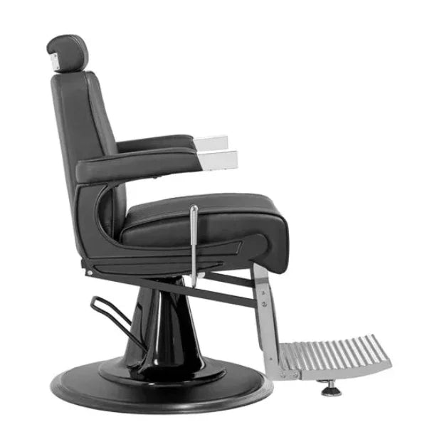 Schwarzer Barberstuhl mit verstellbarer Rückenlehne und Fußstütze, ausziehbare Kopfstütze, Hydraulik.
