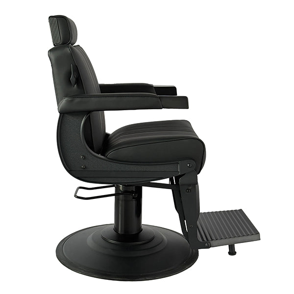 Schwarzer Barber-Stuhl mit verstellbarer Fußstütze, ergonomischer Rückenlehne, runde Metallbasis, 150 kg Tragfähigkeit
