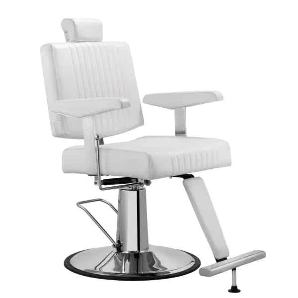 Weißer Barberstuhl SEREN, hydraulisch, drehbar, mit Armlehnen und Fußstütze auf verchromter Rundbasis