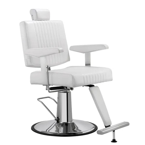 Weißer Barberstuhl SEREN, hydraulisch, drehbar, mit Armlehnen und Fußstütze auf verchromter Rundbasis