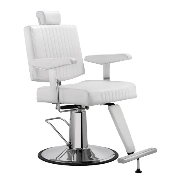 Weißer Barberstuhl SEREN, hydraulisch, drehbar, mit Armlehnen und Fußstütze auf verchromter Rundbasis