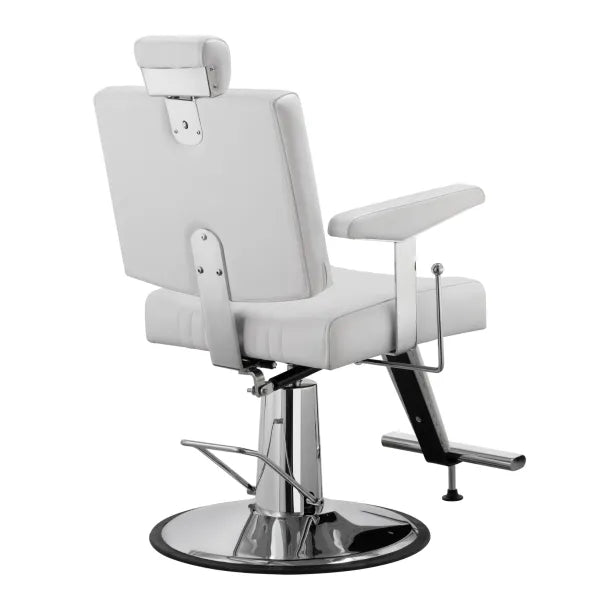 Barberstuhl SEREN in Weiß, hydraulisch verstellbar, drehbar, hochwertiger Friseurstuhl für Barbershop, verchromte Basis