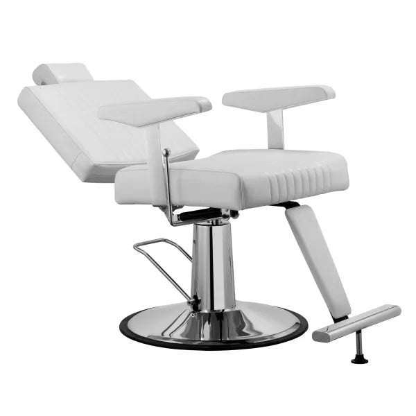 Weißer Barberstuhl SEREN für Herren, hydraulisch & drehbar, Profi-Barbershop-Stuhl mit Armlehnen