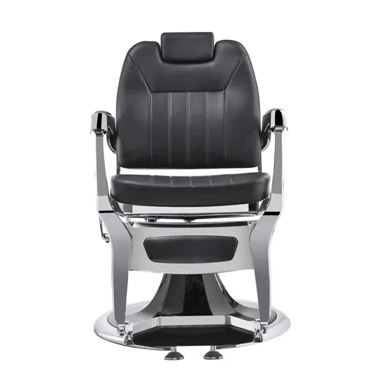 Vintage Barberstuhl Schwarz-Silber. Professioneller Herren-Friseurstuhl mit hydraulischer Verstellung, Sitzkomfort & klassischer Barbershop-Optik.