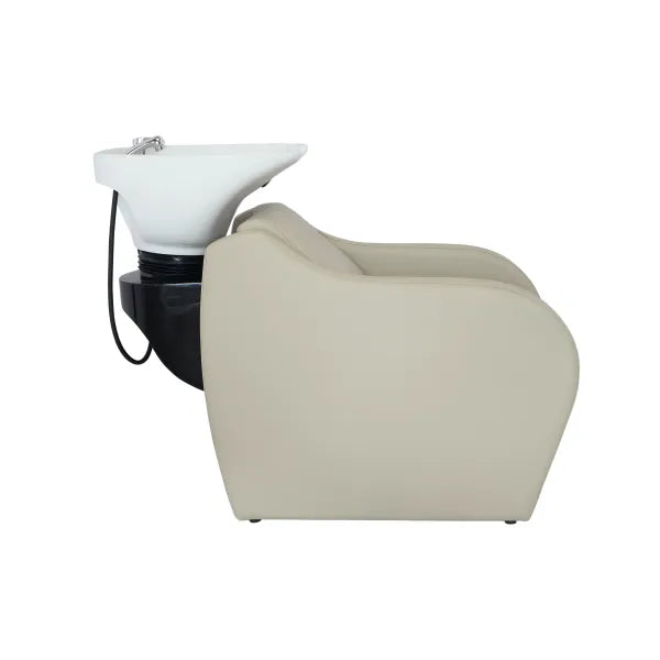 Friseur-Waschbecken WISP POWER+ in Beige mit elektrischer Fußstütze – moderner Waschplatz