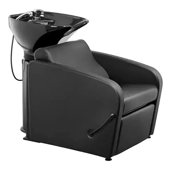 Friseur Waschbecken mit Fußstütze, Friseurwaschbecken Mullet Plus V2 mit ergonomischer Rückenlehne und elektrischer Fußstütze.