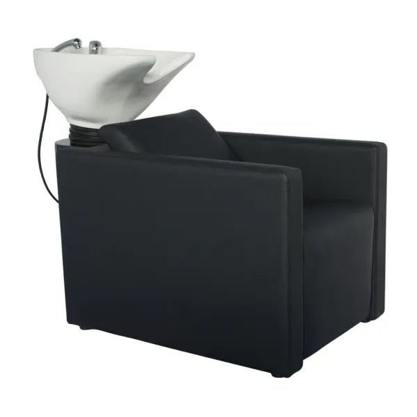 Schwarzes Friseurwaschbecken mit elektrischer Fußstütze & Massagefunktion. Premium Rückwärtswaschbecken für professionelle Salons.