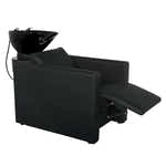 Blackes Friseurwaschbecken mit elektrischer Fußstütze und Massage für Salons.