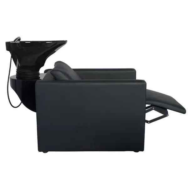 Blackes Rückwärtswaschbecken mit elektrischer Fußstütze und Massagefunktion fürFriseursäle.