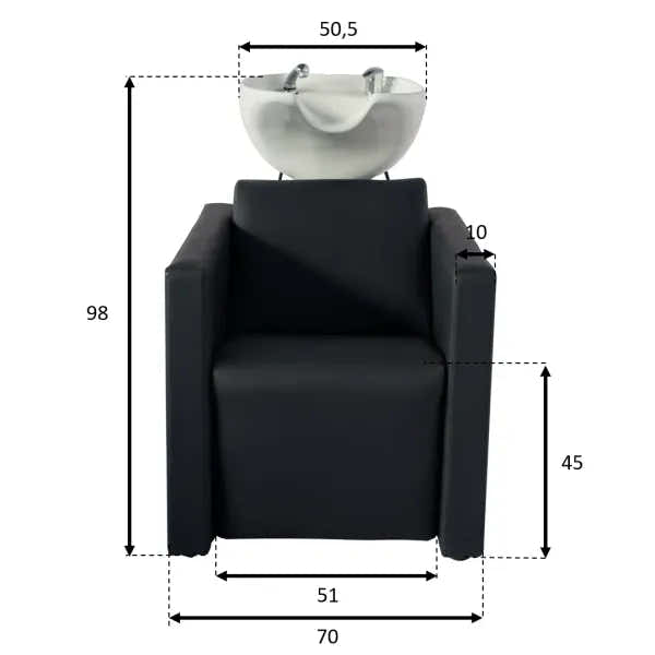 Premium Rückwärtswaschbecken mit elektrischer Fußstütze & Massagefunktion: Dimensionen des schwarzen Friseurstuhls und weißen Beckens.