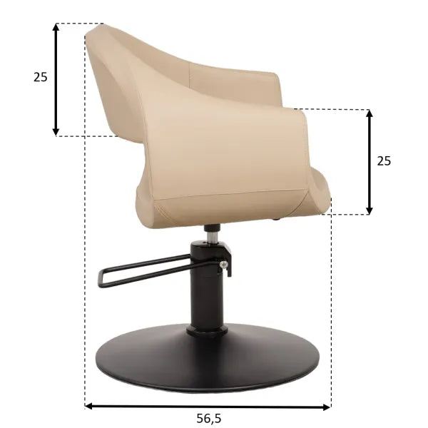 Beige Friseurstuhl mit modernes Design, Hydraulik und schwarzer Basis. Mit Maßen für Salon und Barber.