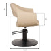 Beige Friseurstuhl mit modernes Design, Hydraulik und schwarzer Basis. Mit Maßen für Salon und Barber.