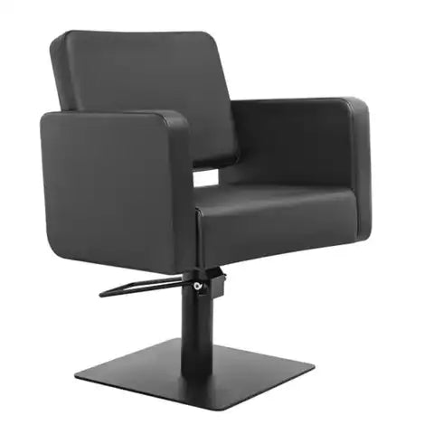 Schwarzer Friseurstuhl mit hydraulischer Höhenverstellung und stabiler, viereckiger Basis für professionellen SALON-Einsatz.