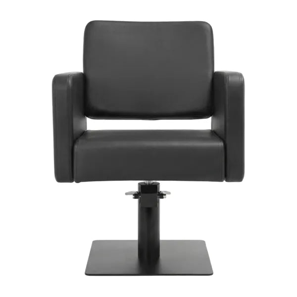 Schwarzer Friseurstuhl mit hydraulischer Höhenverstellung und stabiler, viereckiger Basis für den professionellen Salongebrauch.