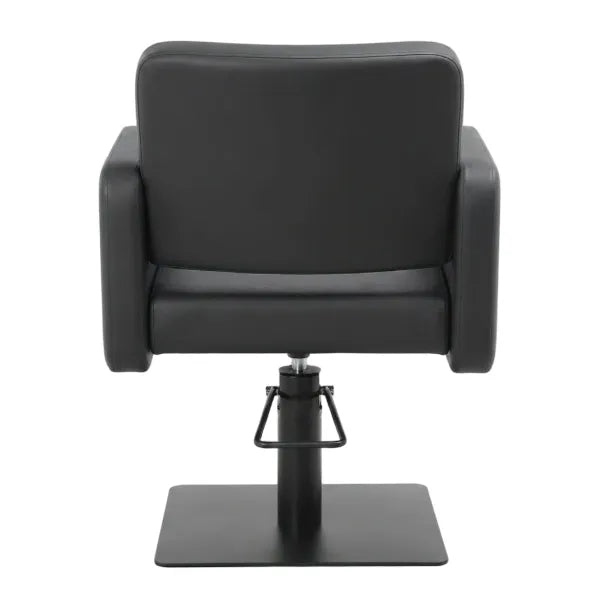 Schwarzer Friseurstuhl mit hydraulischer Höhenverstellung und viereckiger Basis für professionellen Salon-Einsatz.