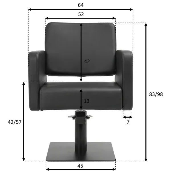 Schwarzer hydraulisch höhenverstellbarer Friseurstuhl mit viereckiger Basis, Maße für Sitz, Rücken und Gesamthöhe.