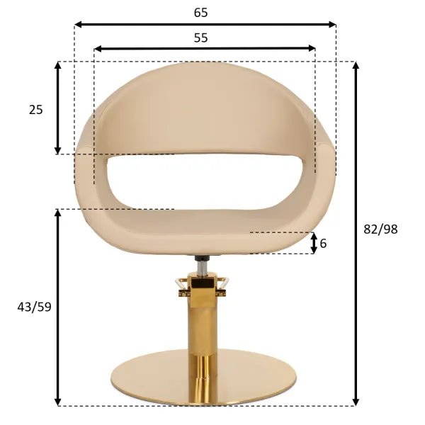 Beige Friseurstuhl mit Gold Hydraulik & kreisförmigem Sockel. Dimensionen & Maße für Salonmöbel.