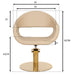 Beige Friseurstuhl mit Gold Hydraulik & kreisförmigem Sockel. Dimensionen & Maße für Salonmöbel.