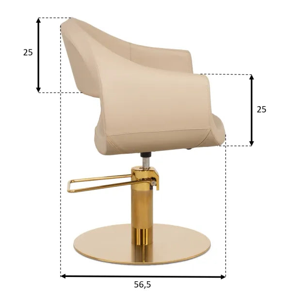 Moderner Friseurstuhl mit beige Polsterung, goldfarbenem Hydraulik-Zylinder und runder Platinne, inklusive Maßen.