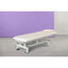 Electric massage table with 1 motor, height-adjustable treatment bed on wheels, white.