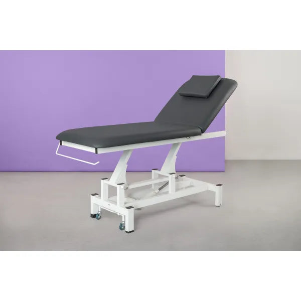 Electric massage table with 1 motor, height-adjustable treatment bed on a white frame with wheels