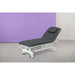 Electrical massage table with one motor, height-adjustable treatment bed, white frame and dark gray upholstery.