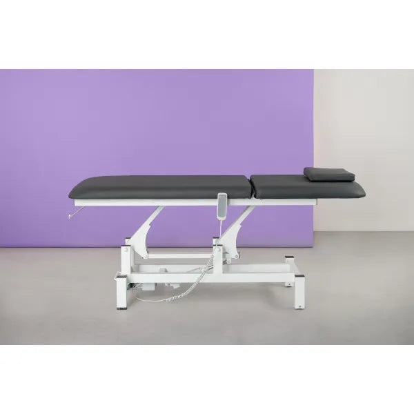 Electric massage table with 1 motor, height-adjustable treatment bed, Vital white frame and black upholstery.