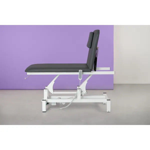 Electric massage table with 1 motor, height-adjustable treatment bed on white frame.