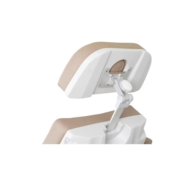 Beheizbare elektrische Kosmetikliege mit verstellbarer Kopfstütze, beige Polster, Armlehnen und Fußstütze